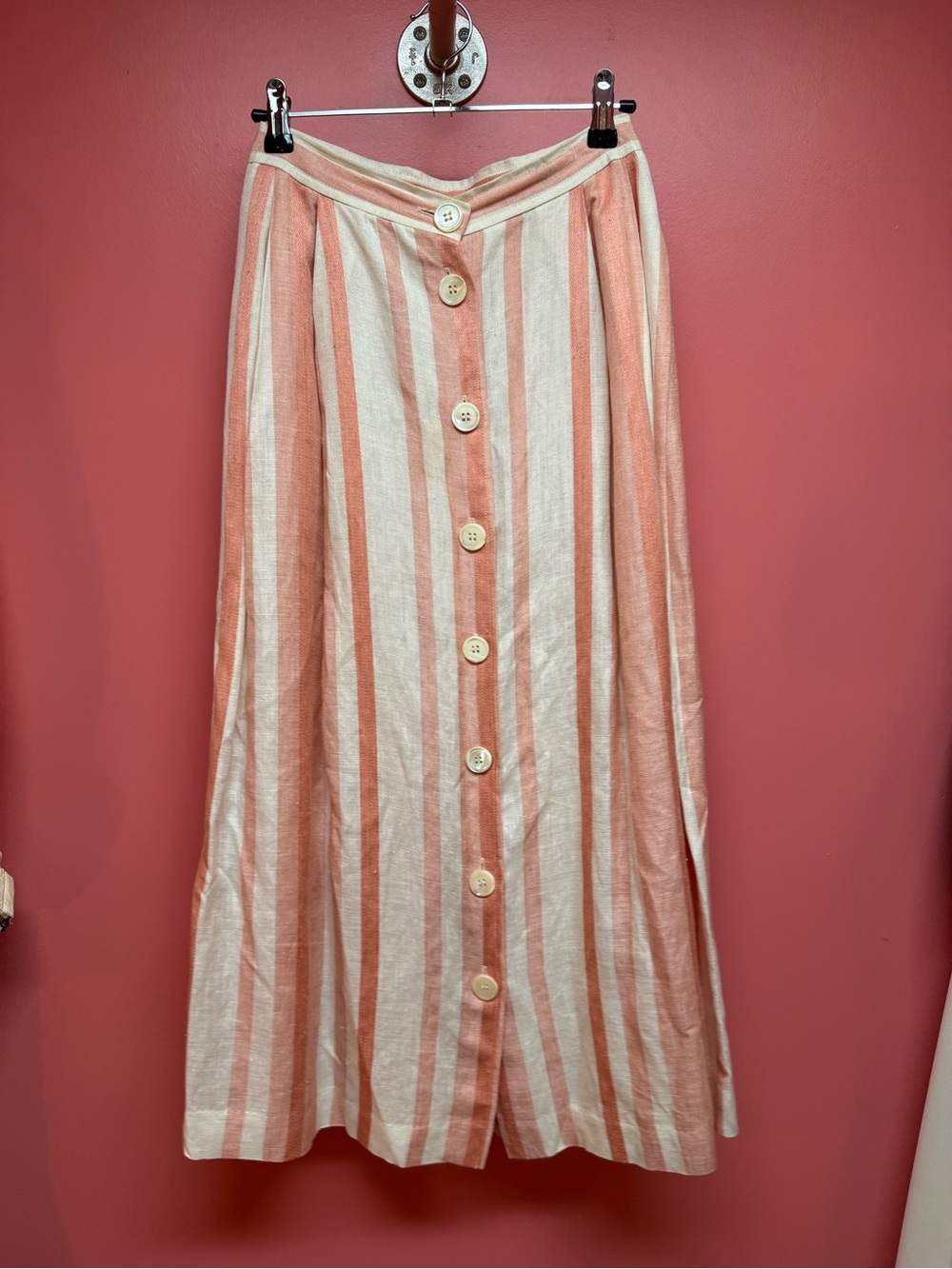 Striped Button-Front Midi Skirt in Peach and Cream